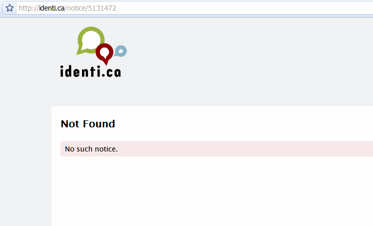 snímek obrazovky, který ukazuje odstraněnou zprávu na Identi.ca