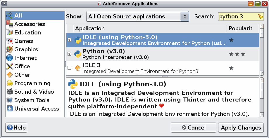 [Add/Remove: Vyberte balík IDLE pro Python 3.0]
