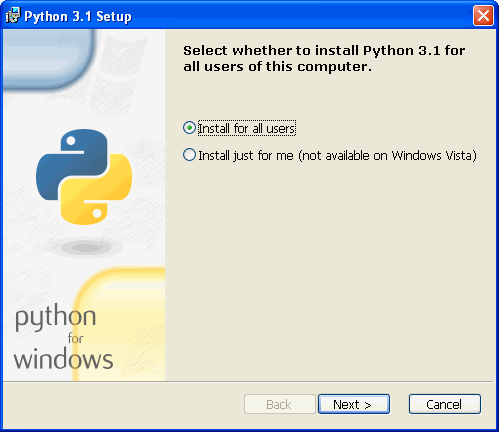 [Instalátor Pythonu: Zvolte, zda se má Python 3.1 instalovat pro všechny uživatele tohoto počítače]