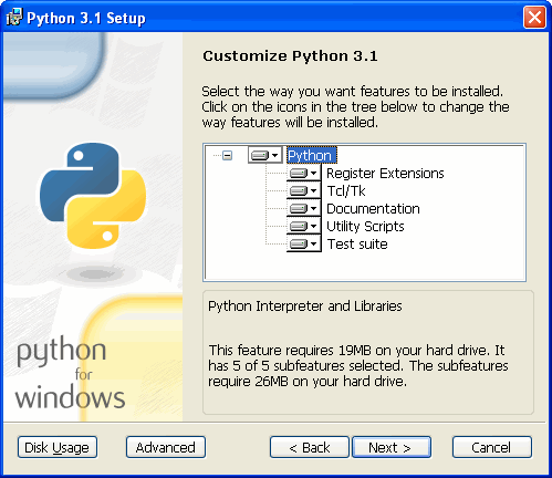[Instalátor Pythonu: Přizpůsobení instalace Python 3.1 vlastním požadavkům]