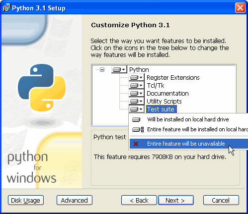 [Instalátor Pythonu: Vypnutím volby Test Suite ušetříte 7908 KB na disku]