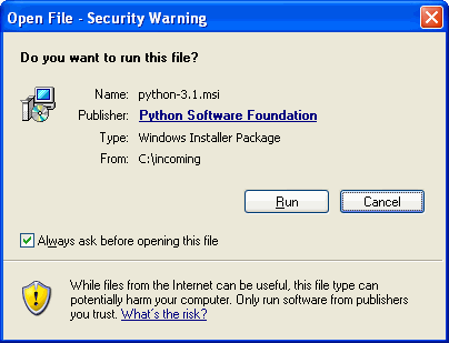 [Dialog Windows: Otevření souboru — bezpečnostní varování]